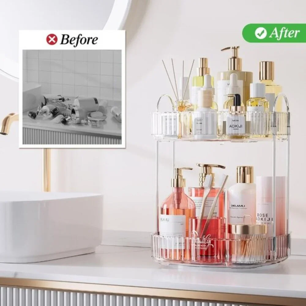 New Rotating 2-Tier Bathroom Organizer, Clear Large Capacity Vanity Storage Rack